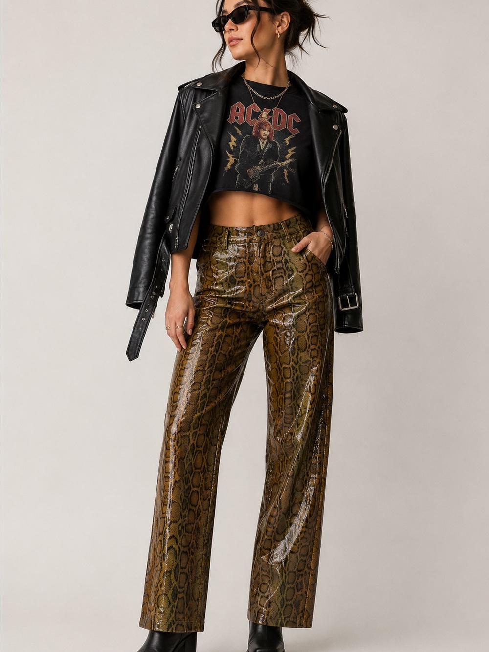Vertigo Brown Snake-Print Glossy Reptile Pants